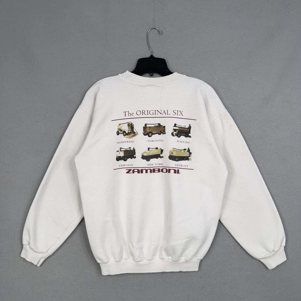 Vintage Zamboni Sweatshirt Mens Medium White Original Six Hockey Ice Resurfacer